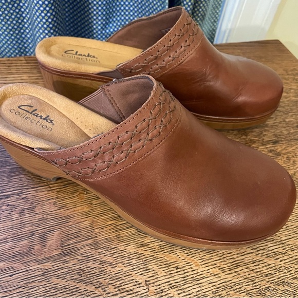 Clarks Wooden Brown Leather Clogs- Clarks Heeled Clog - Paizlee Poppy Size 10 - Picture 3 of 13